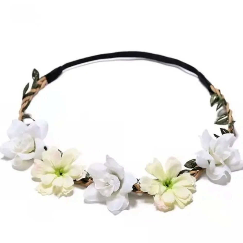 NWT -white floral crown bohemian 7 inches & elastic band one size fits most